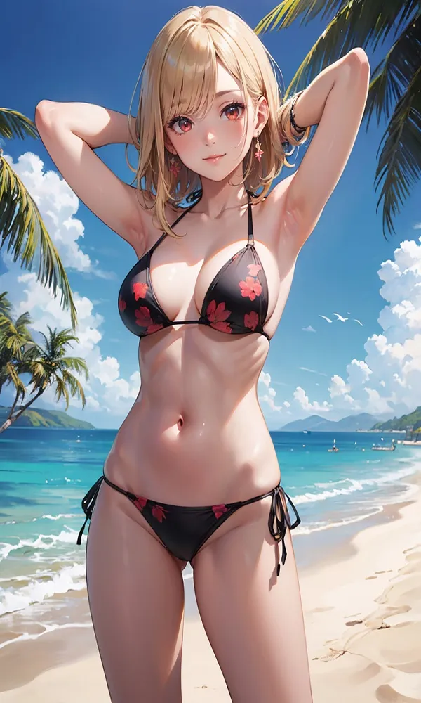 ảnh anime gái xinh mặc bikini đưa tay sau đầu