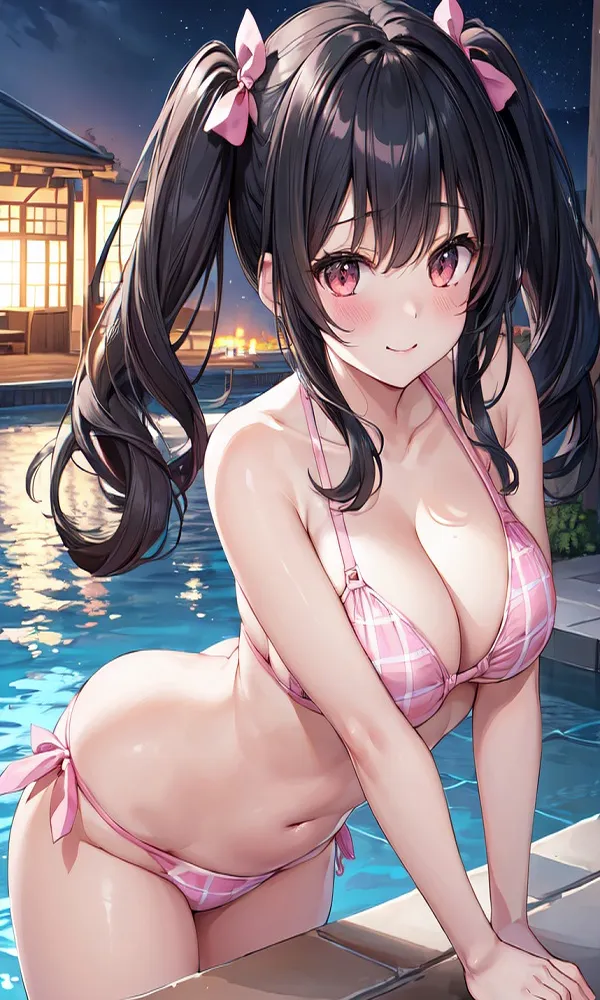 ảnh anime gái xinh mặc bikini kẻ caro hồng