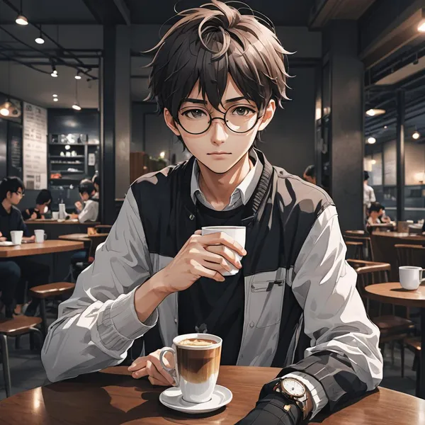 ảnh anime nam đẹp trai uống caffe