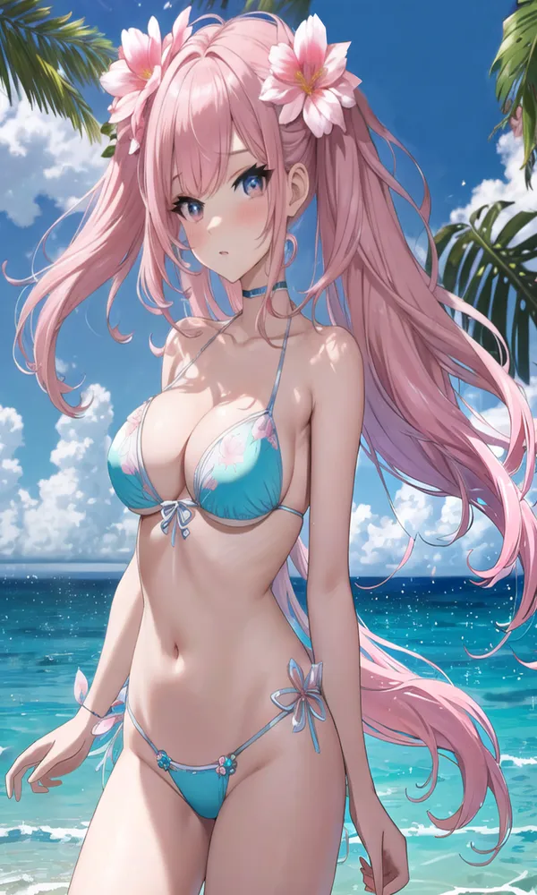 anime tóc hồng bikini xanh