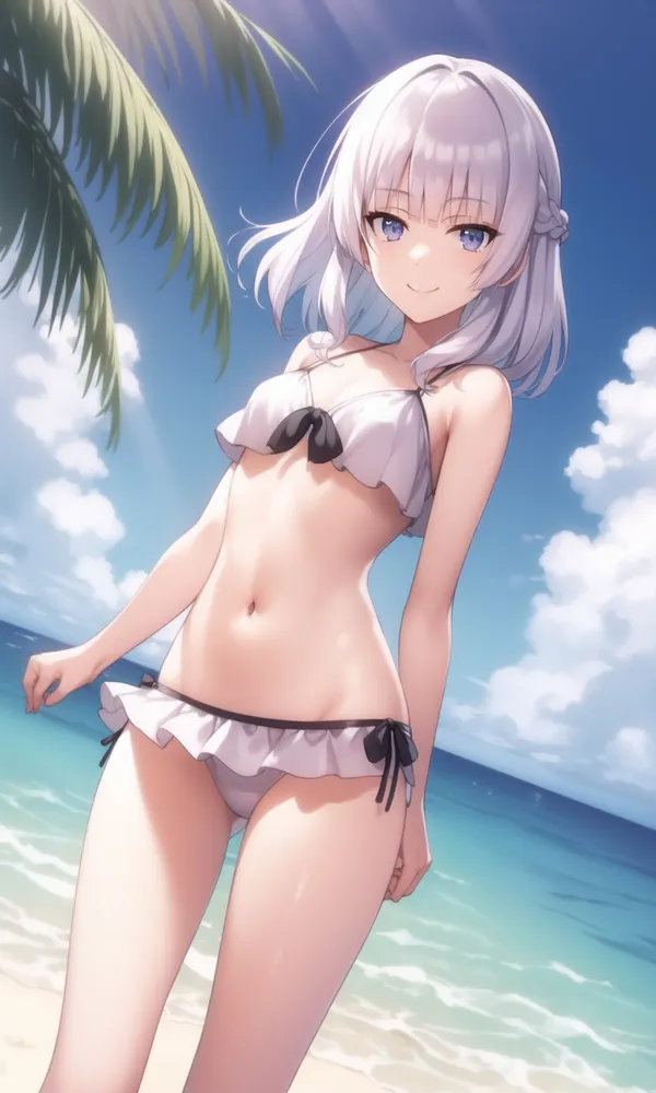 gái anime tóc trắng mặc bikini trắng