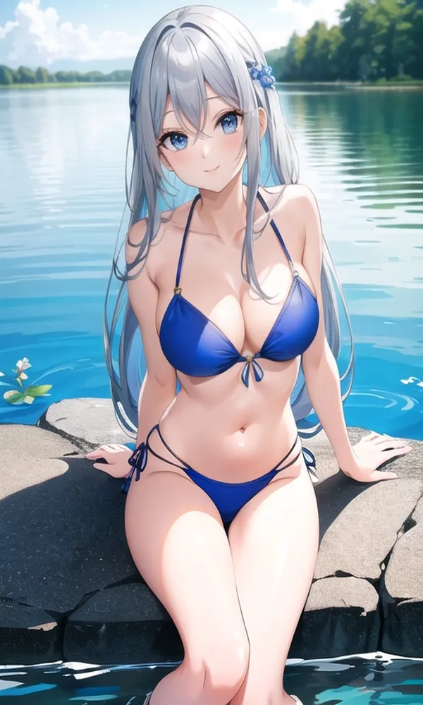 gái anime tóc trắng bikini xanh