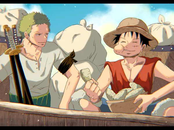 luffy one piece anime cute đang ăn trên thuyền 