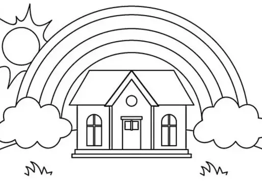tranh tô màu cầu vồng với ngôi nhà 