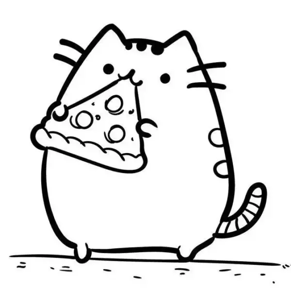 tranh tô màu mèo pusheen ăn pizza 