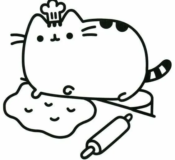 tranh tô màu mèo pusheen đang làm bánh