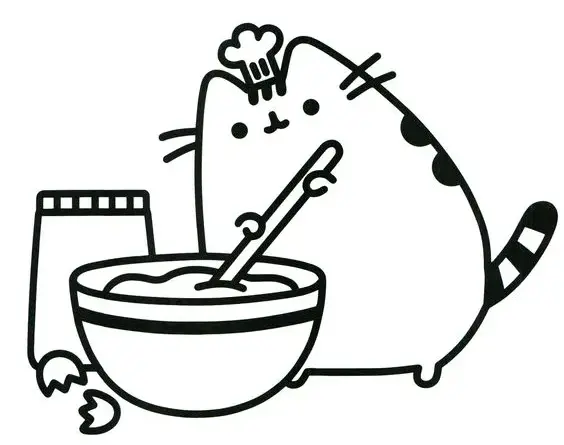 tranh tô màu mèo pusheen đang nấu ăn 