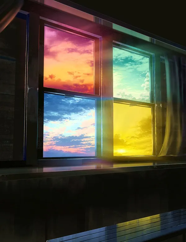 a colorful window with a few clouds in the sky