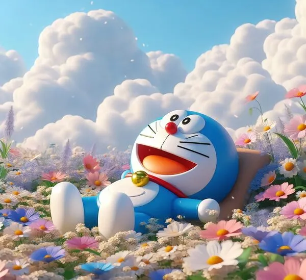 hình nền doraemon cute trên cánh đồng hoa