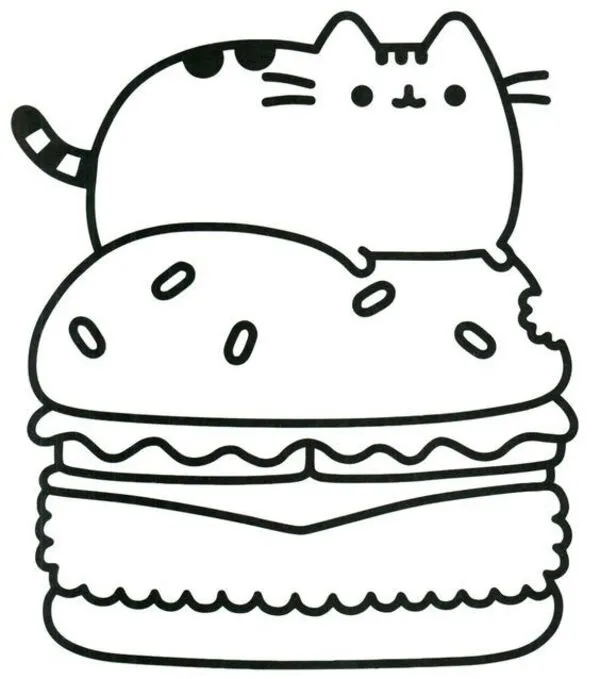 tranh tô màu mèo pusheen trên chiếc bánh to 