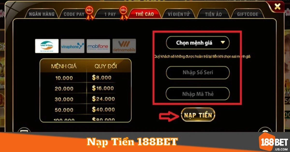 Các Phương Thức Nạp Tiền 188BET Phổ Biến Nhất