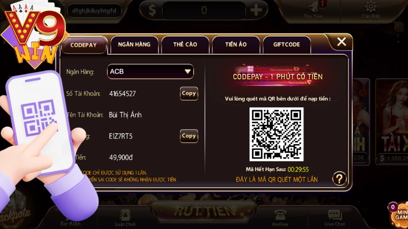 Nạp tiền nhà cái v9win dễ dàng với ngân hàng, ví điện tử, QR.