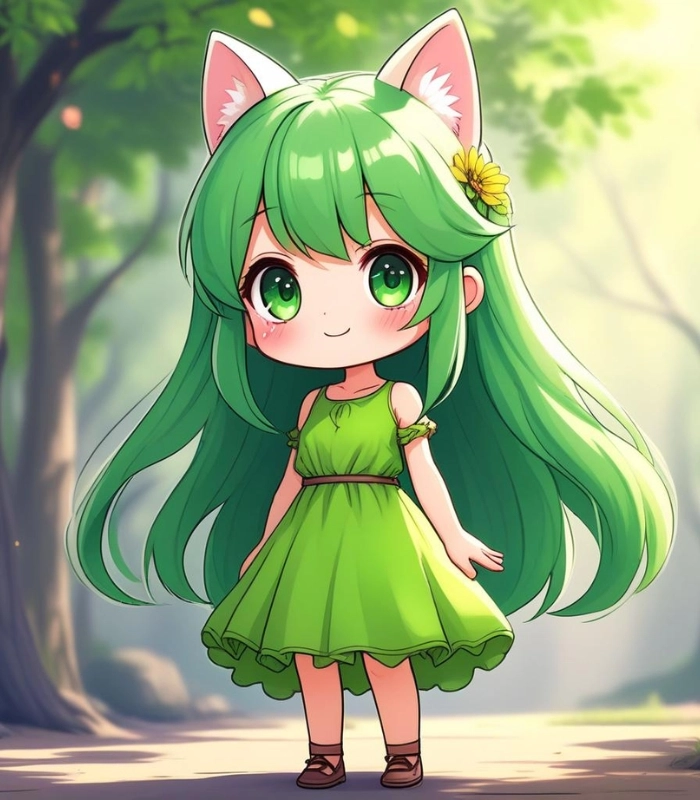 ảnh chibi nữ màu xanh lá đáng yêu