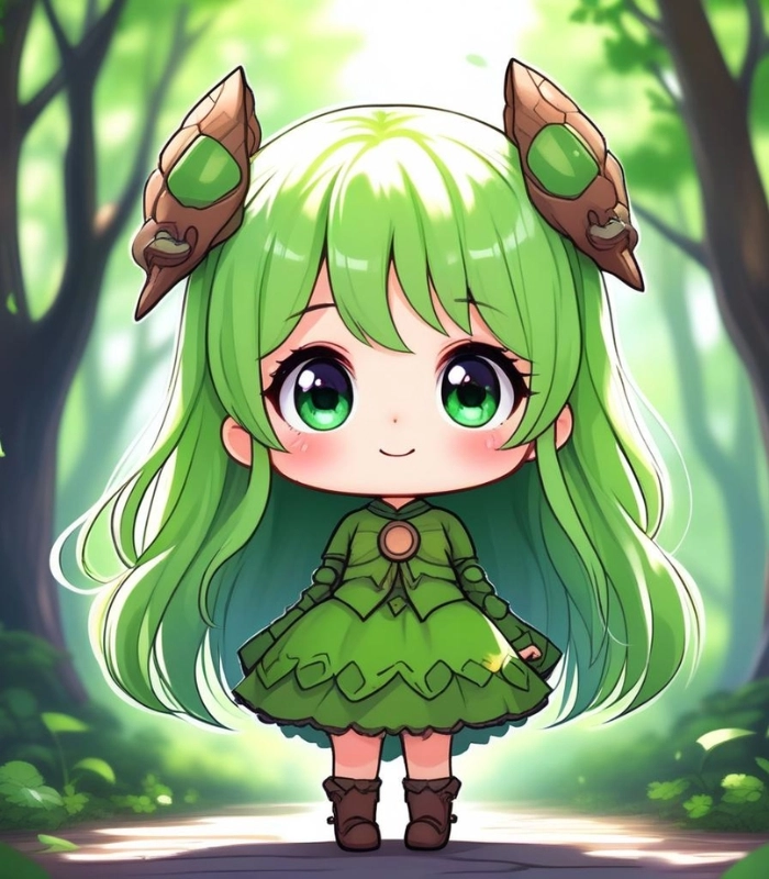 ảnh chibi nữ màu xanh lá ngây thơ