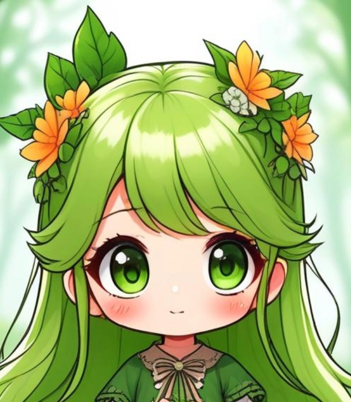 ảnh chibi nữ với nền xanh lá cây