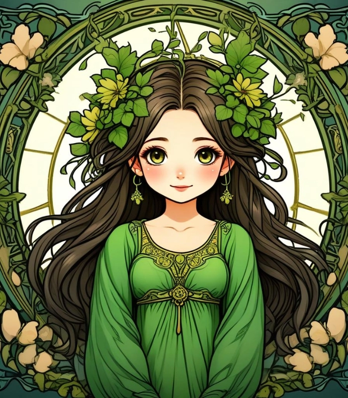 ảnh nữ chibi màu xanh lá nhẹ nhàng