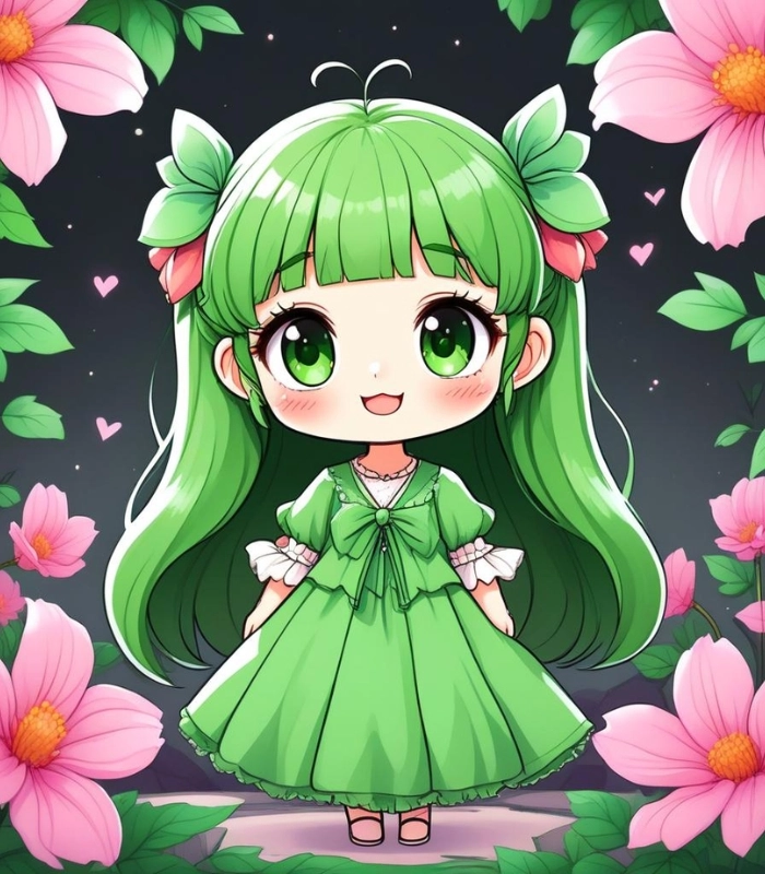 ảnh nữ chibi màu xanh lá