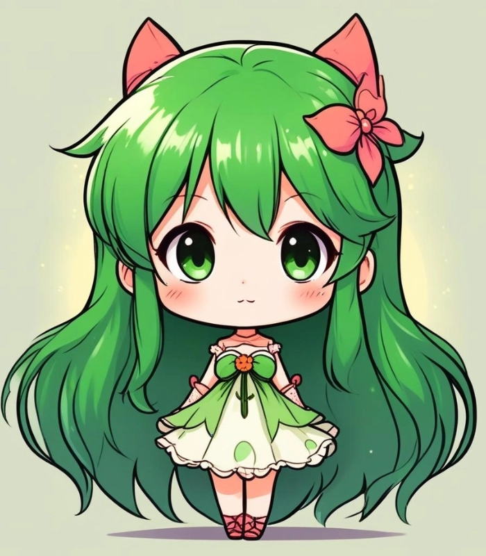 chibi nữ màu xanh lá đáng yêu