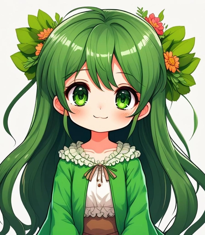 hình ảnh chibi nữ tóc dài màu xanh lá