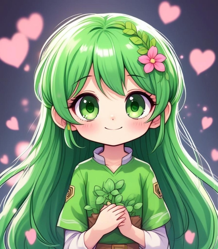 hình ảnh chibi nữ với áo xanh lá cây