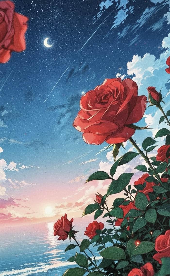 ảnh tranh vẽ hoa hồng lãng mạn trên biển