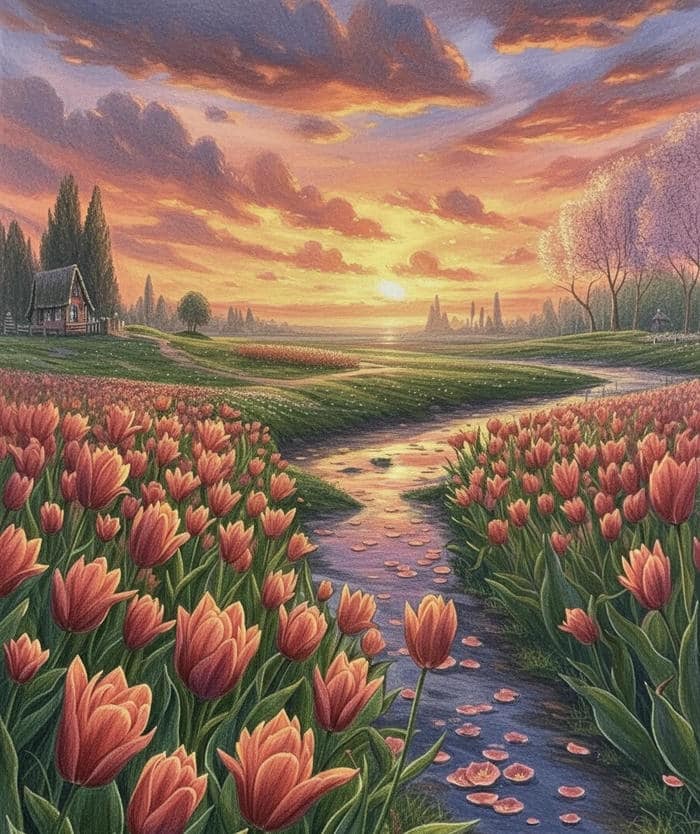 ảnh tranh vẽ hoa tulip đẹp buổi chiều