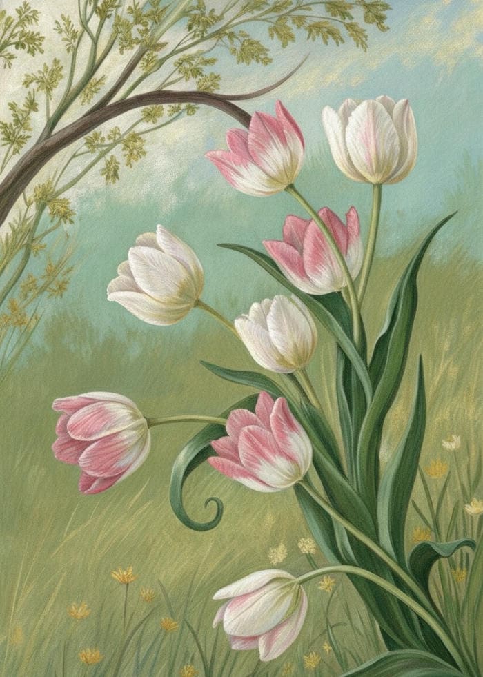 ảnh tranh vẽ hoa tulip đẹp thể hiện nét giản dị