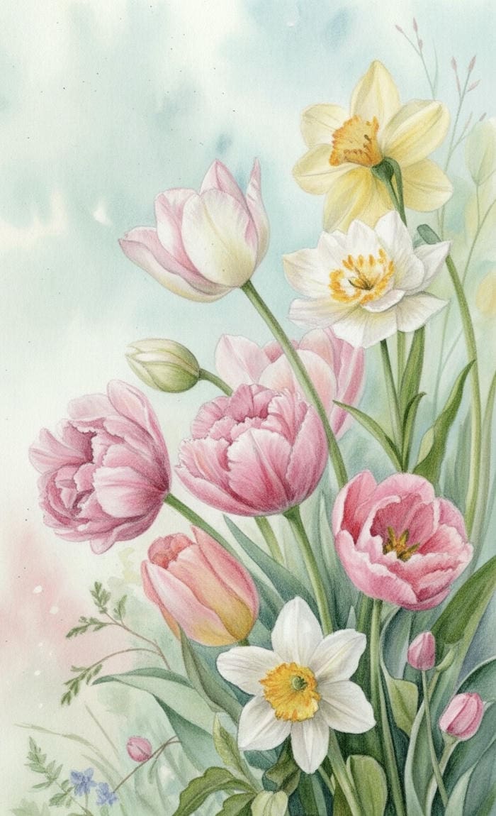ảnh tranh vẽ hoa tulip dịu nhẹ