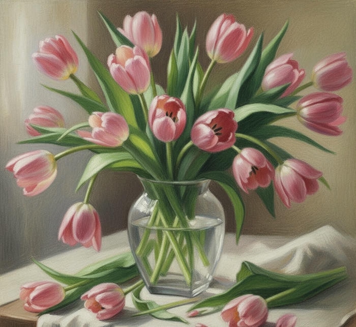 ảnh tranh vẽ hoa tulip nghệ thuật nhẹ nhàng