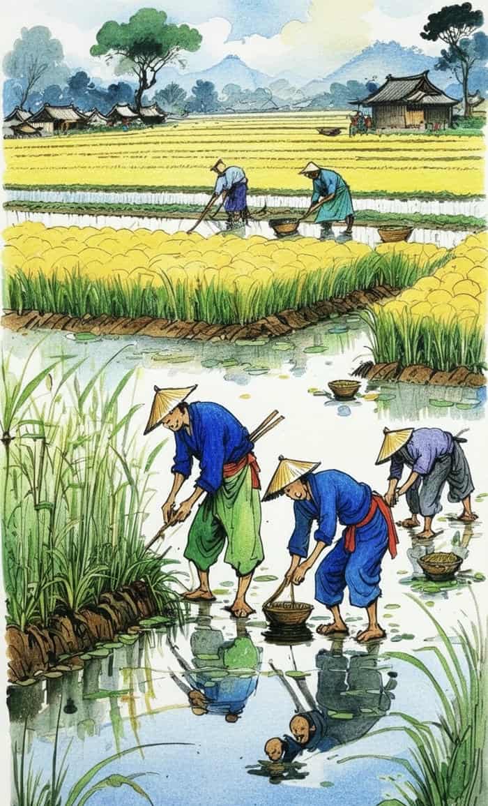 ảnh tranh vẽ quê hương nông dân cấy lúa