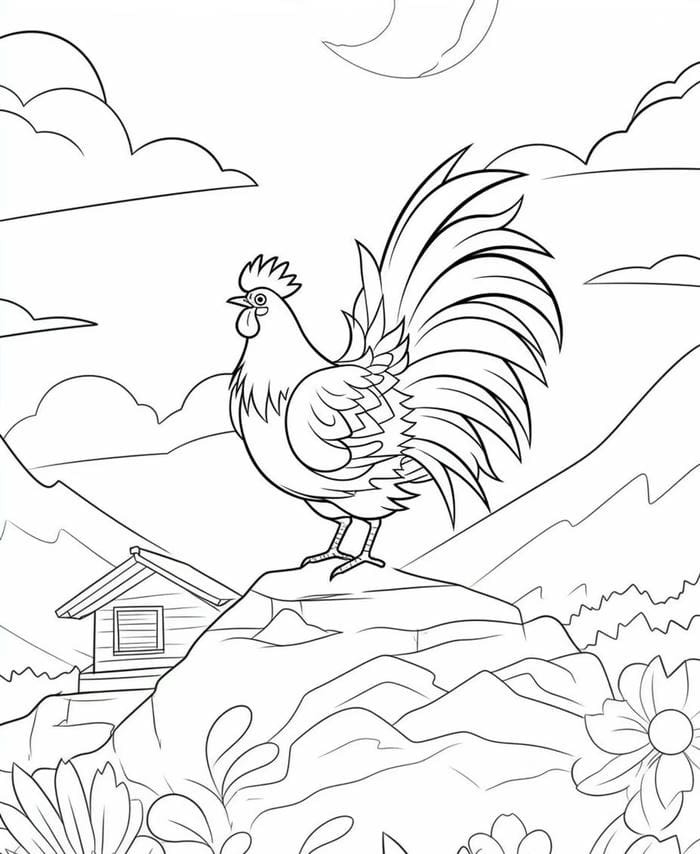 bản vẽ gà trống đen trắng phù hợp bé