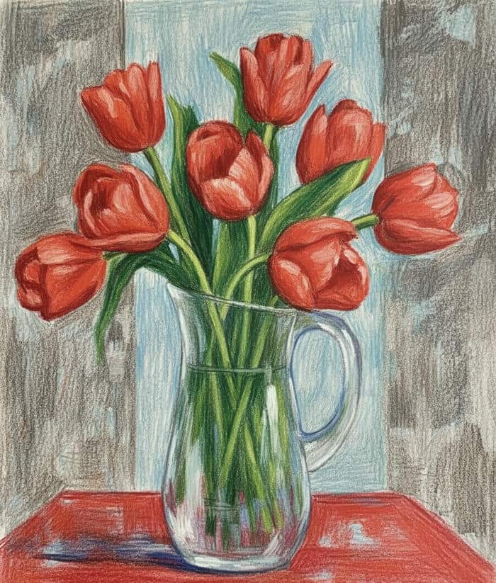bé vẽ tranh hoa tulip đỏ rực