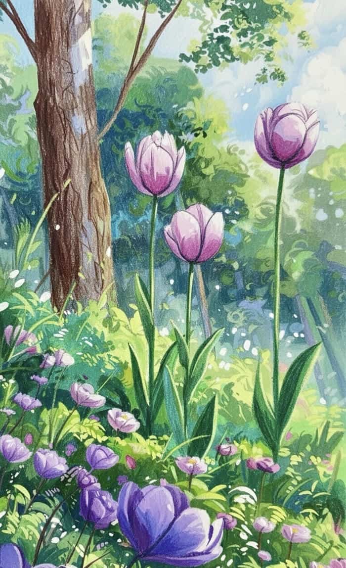 bé vẽ tranh hoa tulip trên rừng