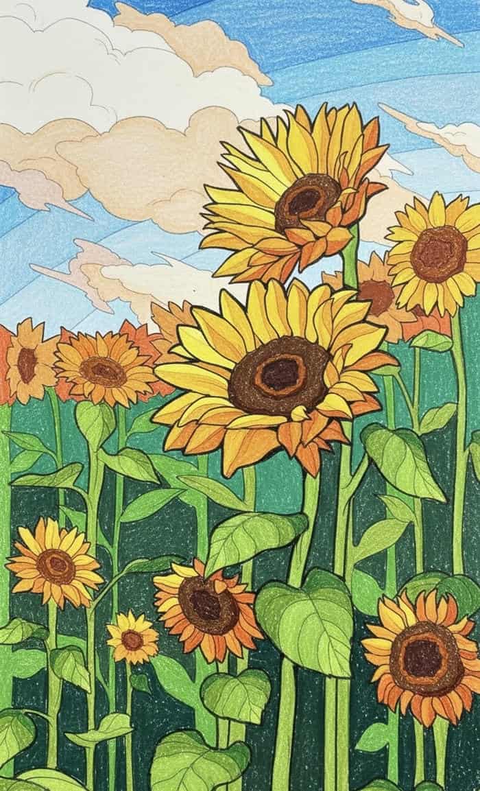 cảnh đẹp tranh vẽ cánh đồng hoa hướng dương