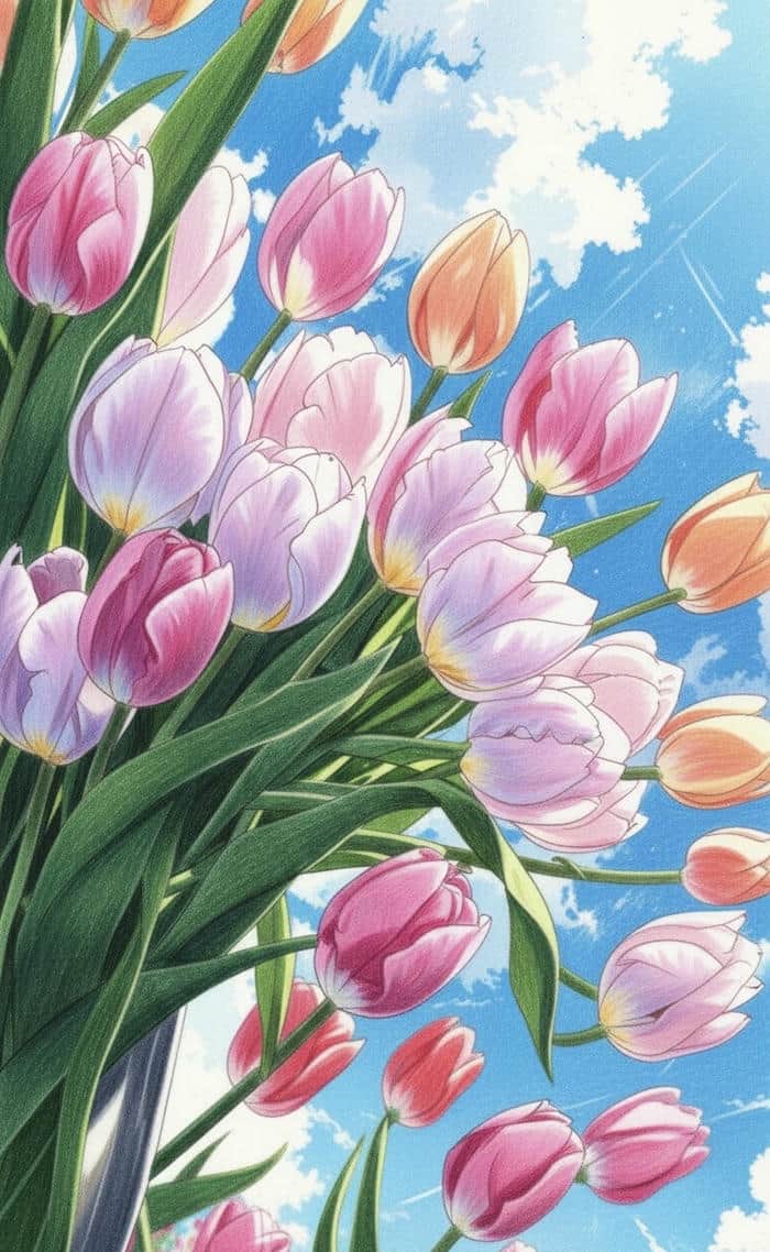 em bé vẽ tranh hoa tulip tươi với nền trời xanh mát