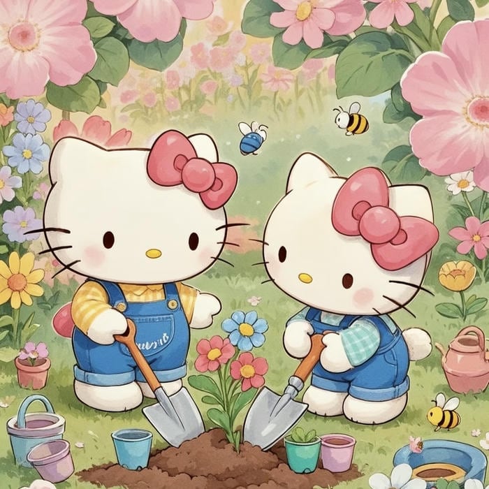hình ảnh hello kitty trồng hoa đẹp làm avatar