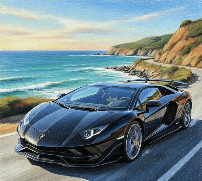 hình ảnh tranh vẽ ô tô đẹp trong khung cảnh trên đường
