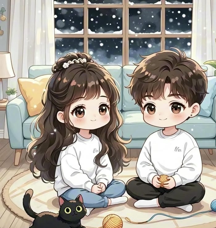 hình chibi đôi ngồi bên nhau