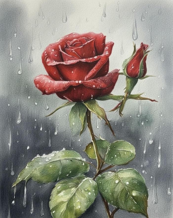hình tranh vẽ hoa hồng dưới mưa