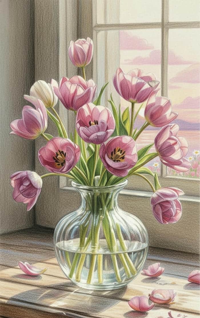 hình tranh vẽ hoa tulip bên cửa sổ