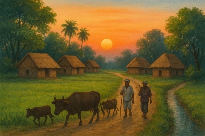 hình tranh vẽ quê hương cảnh làng mộc mạc