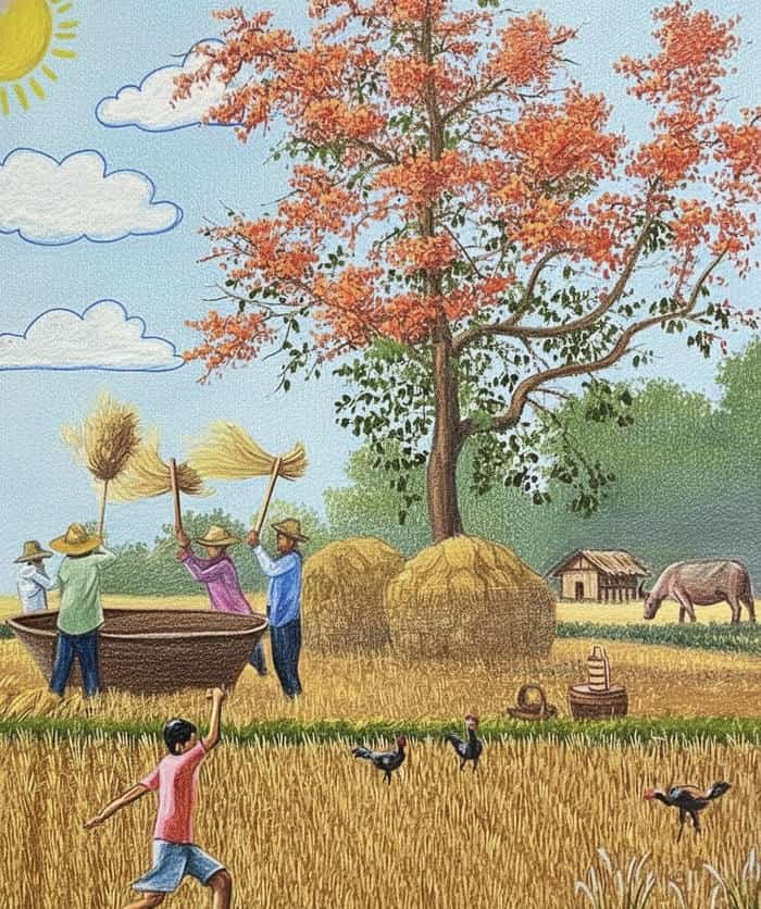 hình tranh vẽ quê hương cảnh thôn quê mộc mạc
