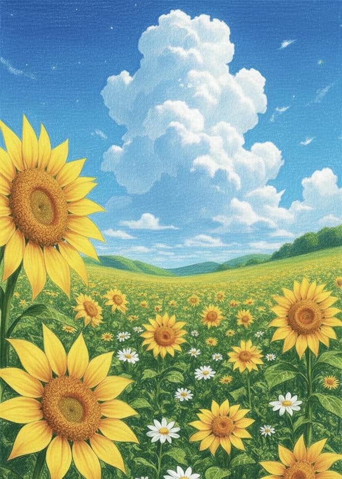 mẫu tranh vẽ cánh đồng hoa hướng dương