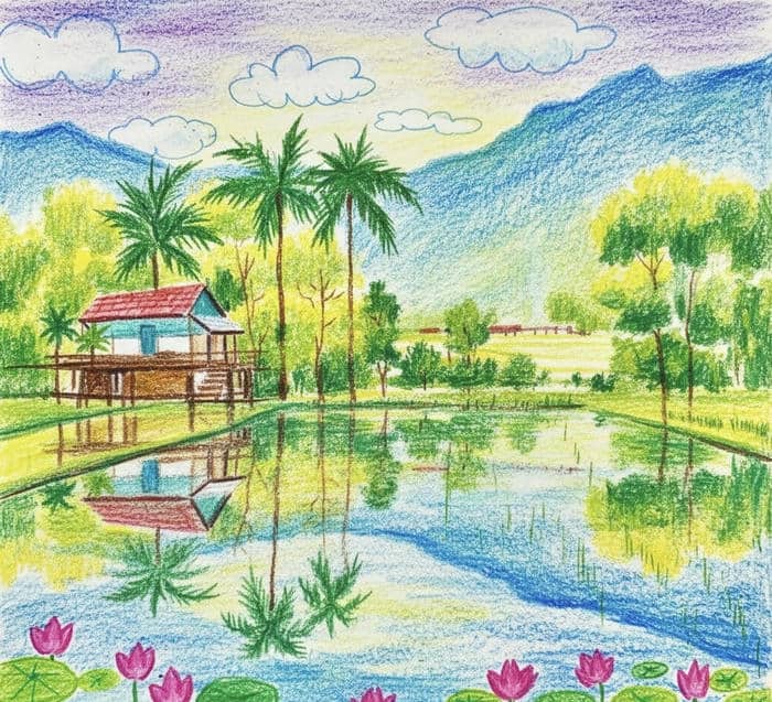 tranh bé vẽ về quê hương dân dã