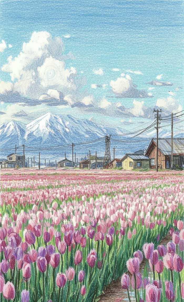 tranh vẽ cánh đồng hoa tulip đẹp