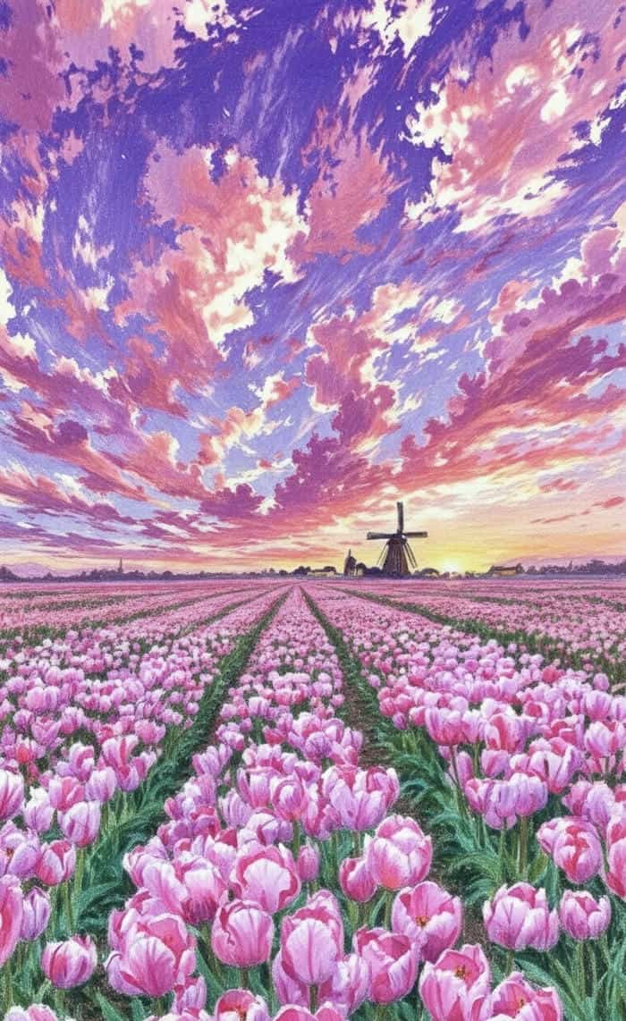 tranh vẽ cánh đồng hoa tulip và hoàng hôn