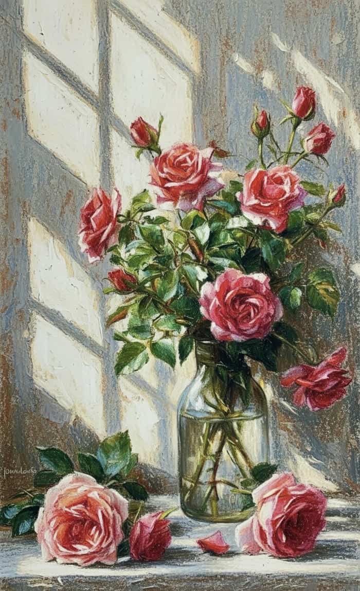 tranh vẽ hoa hồng bên cửa sổ