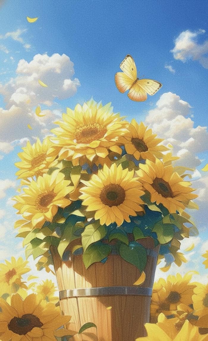 tranh vẽ hoa hướng dương và cô gái đẹp