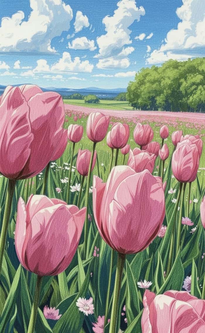 tranh vẽ hoa tulip nổi bật từng cánh hoa