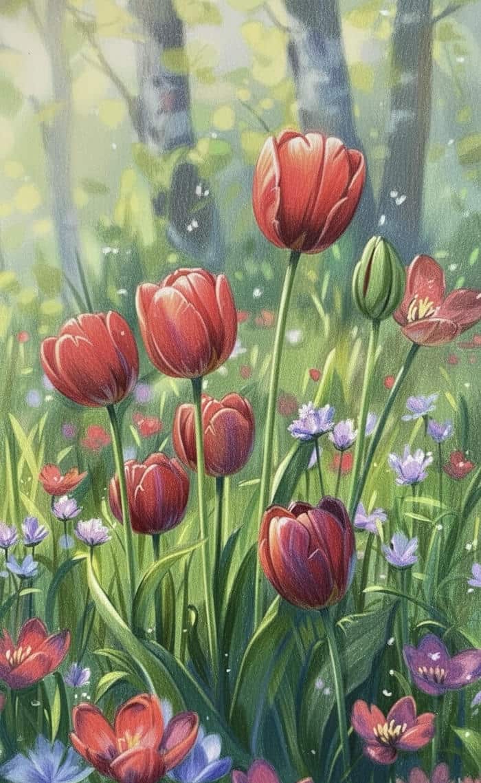 tranh vẽ hoa tulip phong cách tự nhiên đẹp